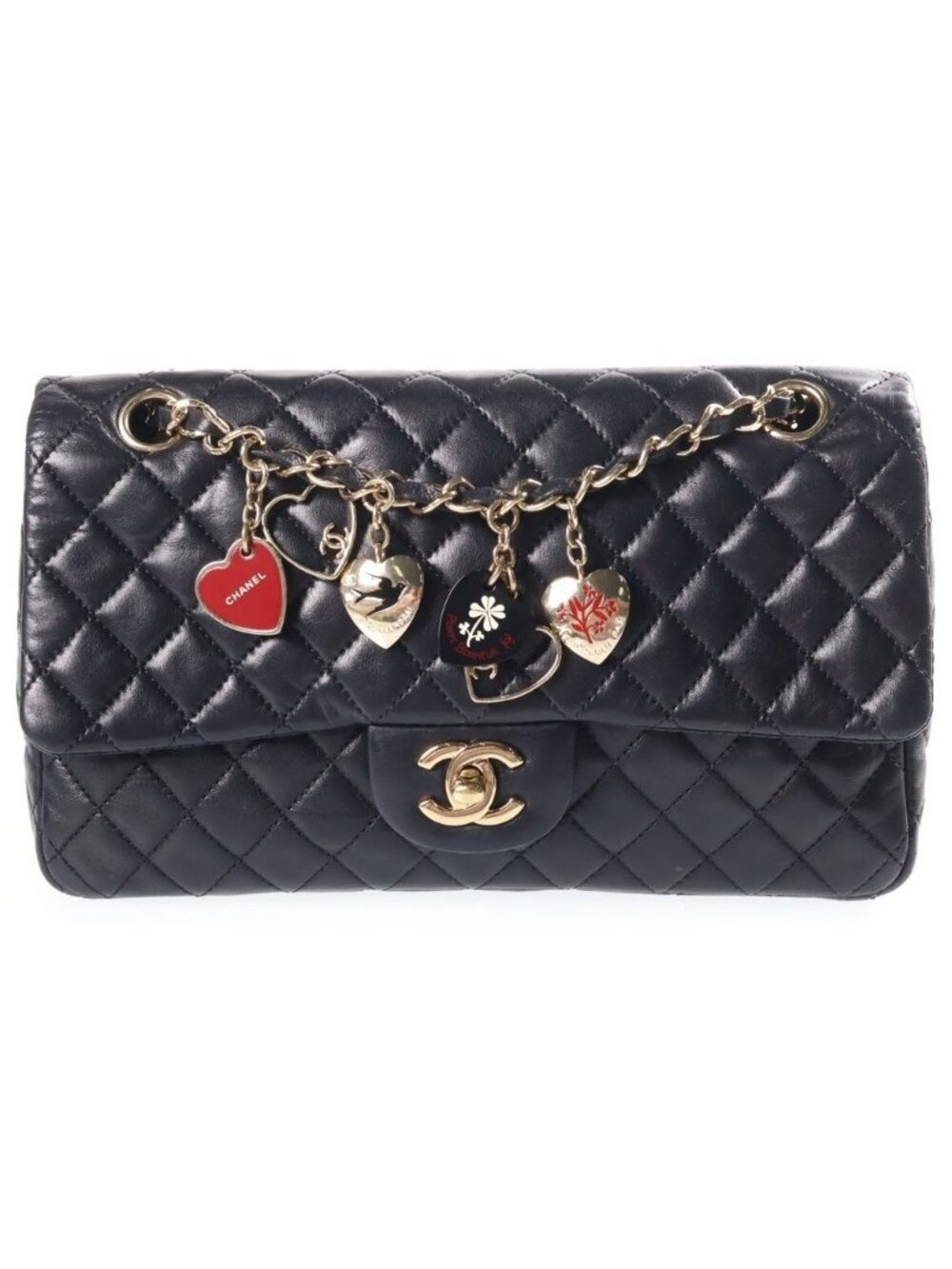 Chanel Quilted 25 Valentine Heart Charm Chain Shoulder Bag Black Lambskin Gold
